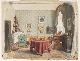 Ein Wohnzimmer mit einem Schreibtisch